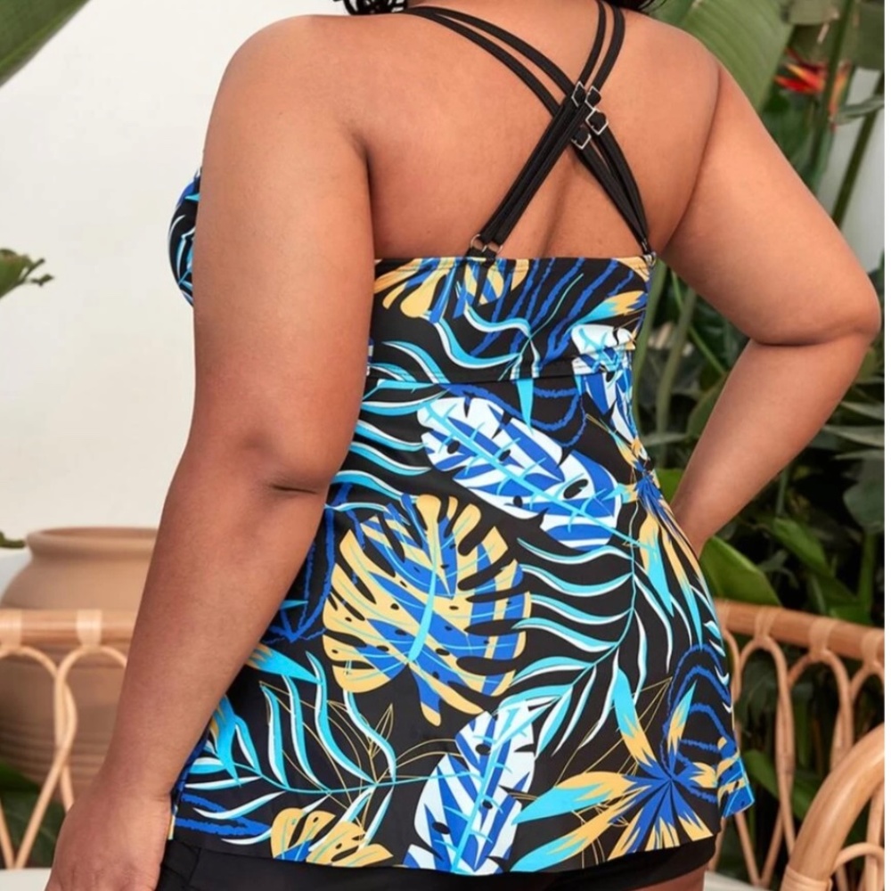 SHEIN Blue Black Yellow Tropical Boho Print Criss Cross Swimsuit Top Size 4XL - Picture 4 of 6